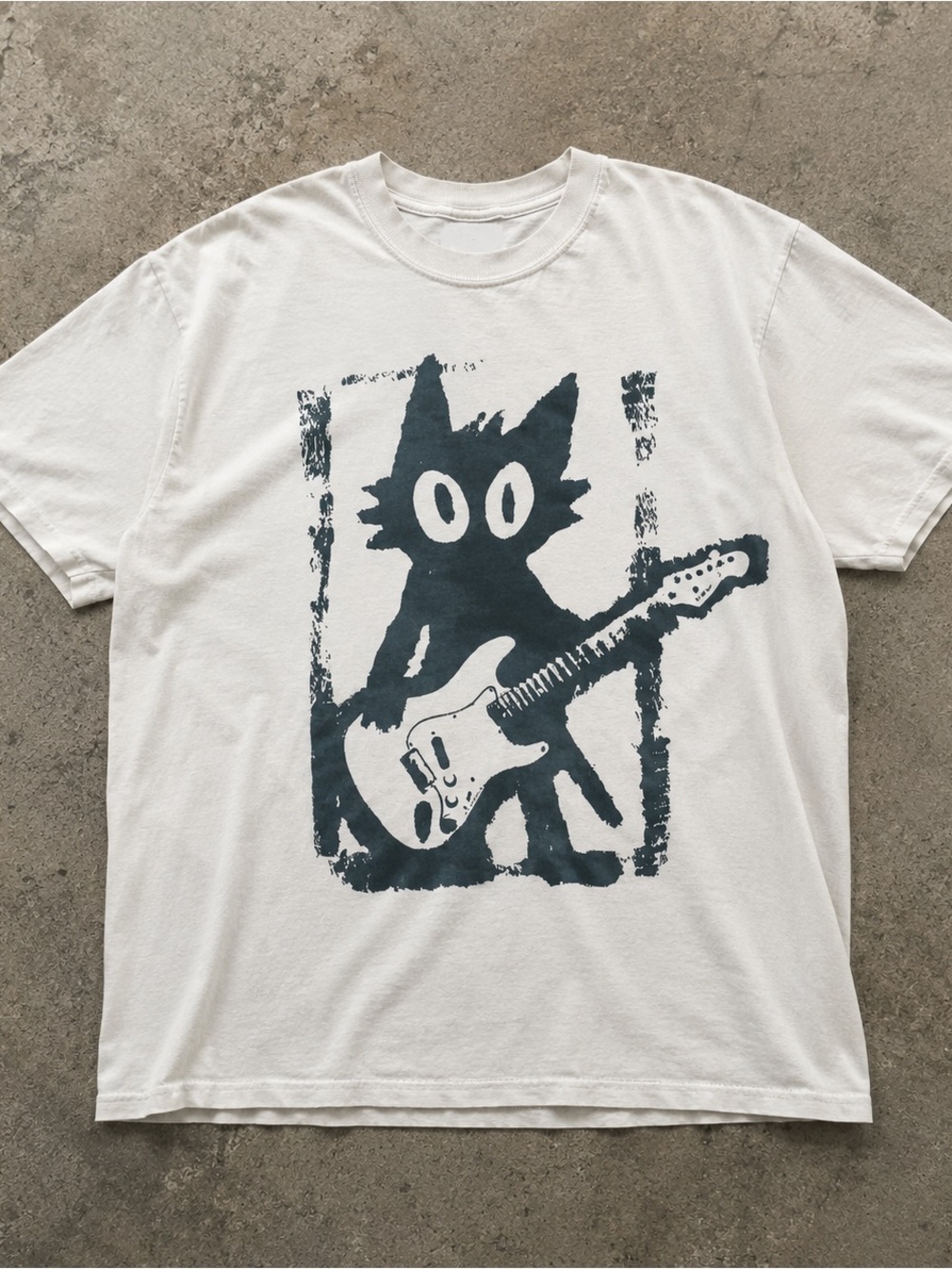 Gildan White Tee with Dark Teal Cat Guitar Graphic